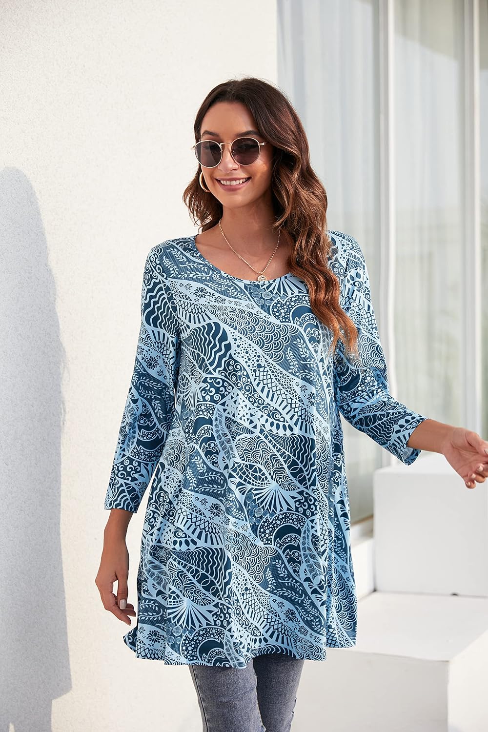 Enmain Womens Tunic Top 3/4 Long Sleeve Tunics for Women UK Plus Size Round Neck Longline Tops for Leggings Ladies Swing T Shirt Casual Loose Stretch Comfortable Blouses Shirts S-5XL