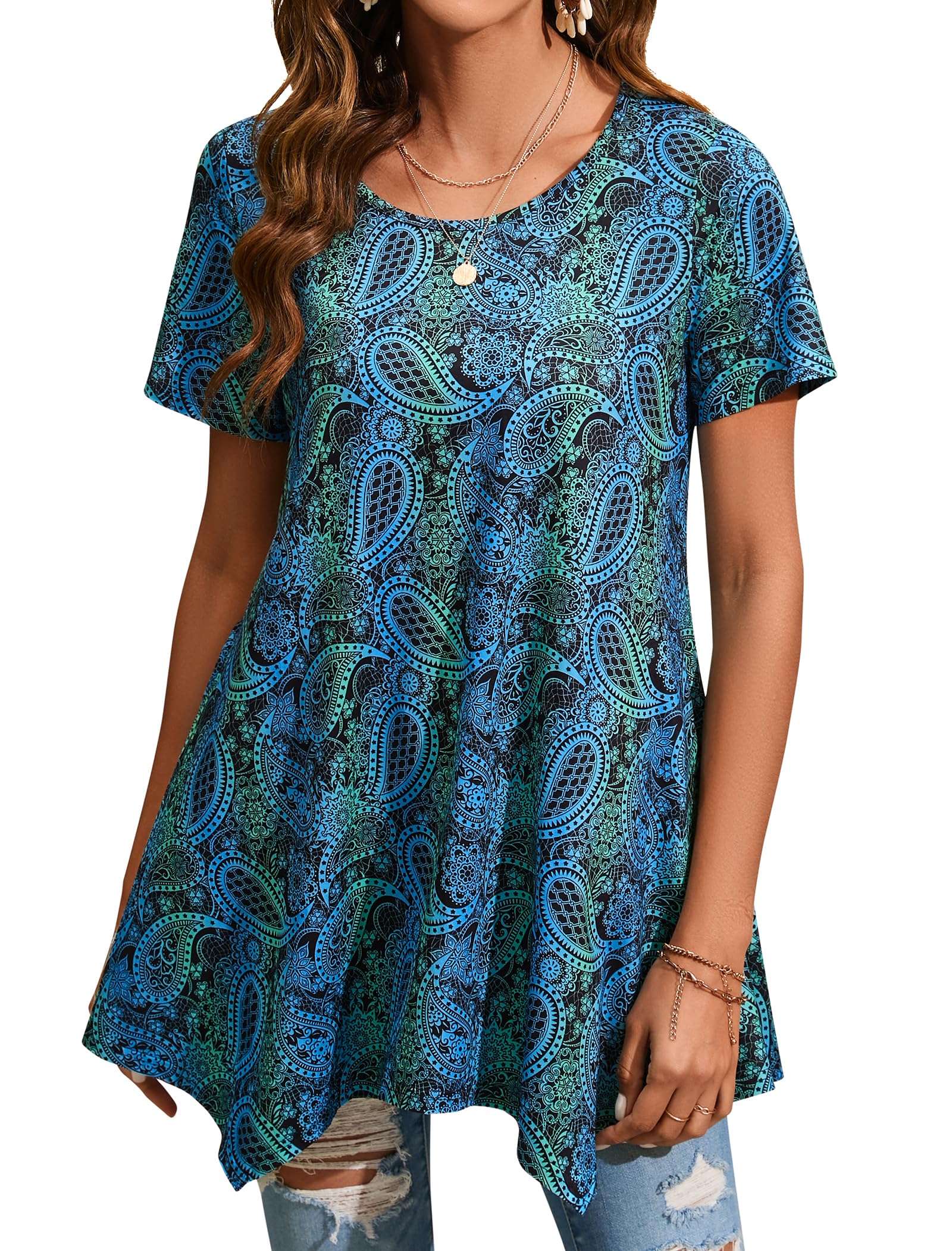 Enmain Womens Tunic Top 3/4 Long Sleeve Tunics for Women UK Plus Size Round Neck Longline Tops for Leggings Ladies Swing T Shirt Casual Loose Stretch Comfortable Blouses Shirts S-5XL