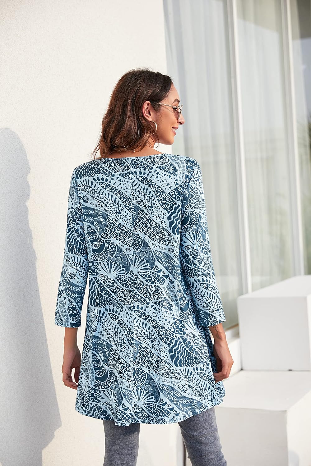 Enmain Womens Tunic Top 3/4 Long Sleeve Tunics for Women UK Plus Size Round Neck Longline Tops for Leggings Ladies Swing T Shirt Casual Loose Stretch Comfortable Blouses Shirts S-5XL