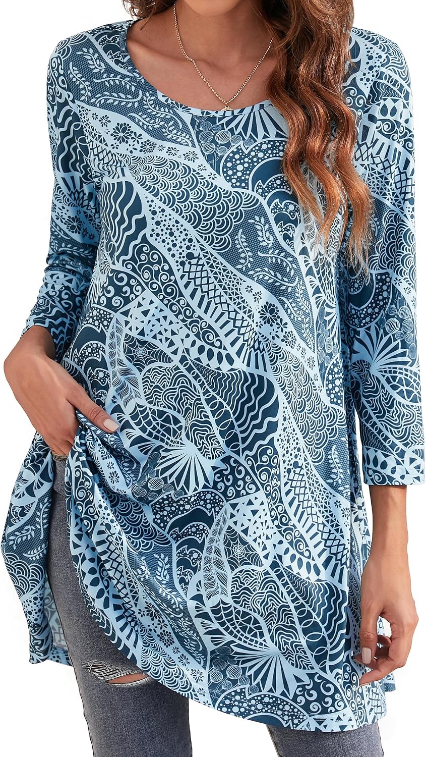 Enmain Womens Tunic Top 3/4 Long Sleeve Tunics for Women UK Plus Size Round Neck Longline Tops for Leggings Ladies Swing T Shirt Casual Loose Stretch Comfortable Blouses Shirts S-5XL