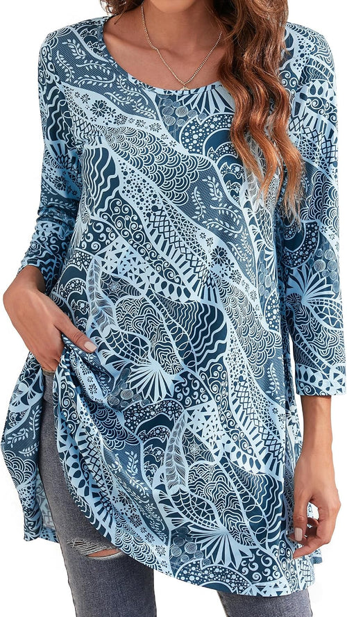 Enmain Womens Tunic Top 3/4 Long Sleeve Tunics for Women UK Plus Size Round Neck Longline Tops for Leggings Ladies Swing T Shirt Casual Loose Stretch Comfortable Blouses Shirts S-5XL
