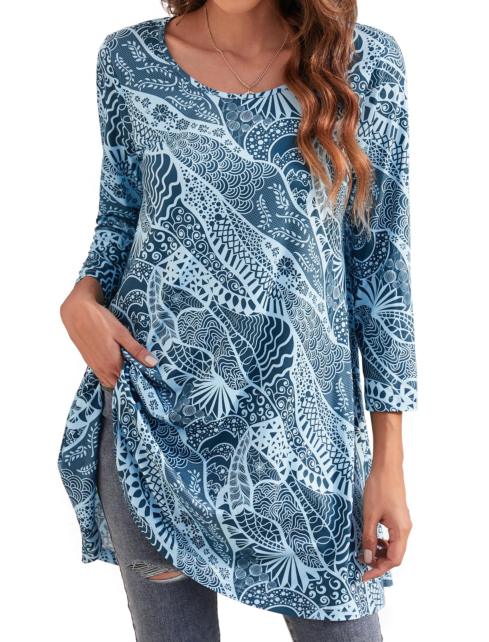 Enmain Womens Tunic Top 3/4 Long Sleeve Tunics for Women UK Plus Size Round Neck Longline Tops for Leggings Ladies Swing T Shirt Casual Loose Stretch Comfortable Blouses Shirts S-5XL