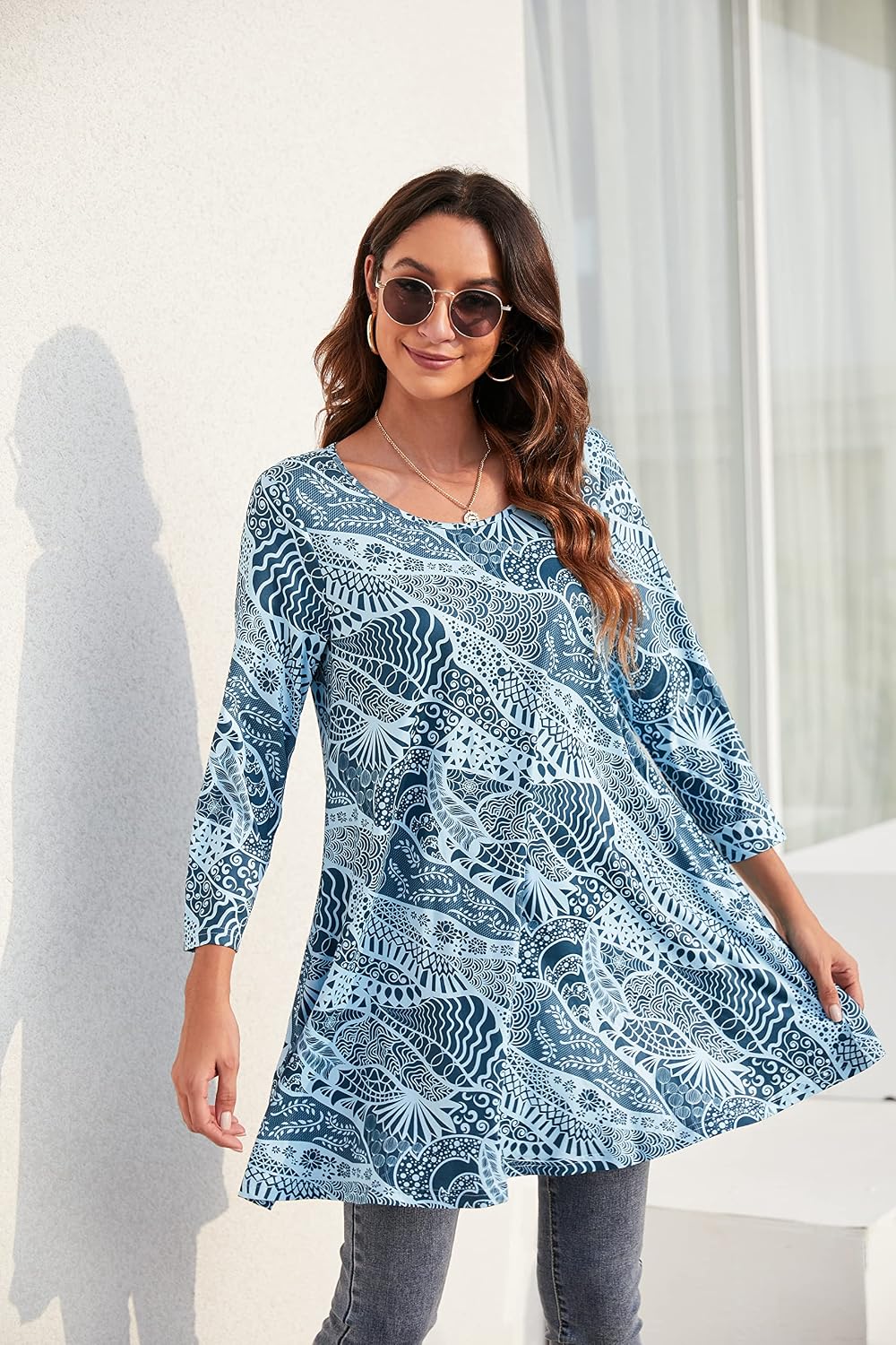 Enmain Womens Tunic Top 3/4 Long Sleeve Tunics for Women UK Plus Size Round Neck Longline Tops for Leggings Ladies Swing T Shirt Casual Loose Stretch Comfortable Blouses Shirts S-5XL