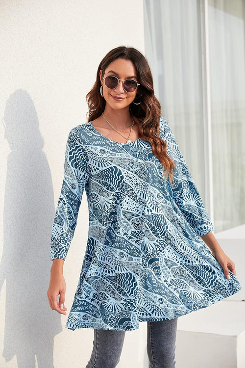 Enmain Womens Tunic Top 3/4 Long Sleeve Tunics for Women UK Plus Size Round Neck Longline Tops for Leggings Ladies Swing T Shirt Casual Loose Stretch Comfortable Blouses Shirts S-5XL
