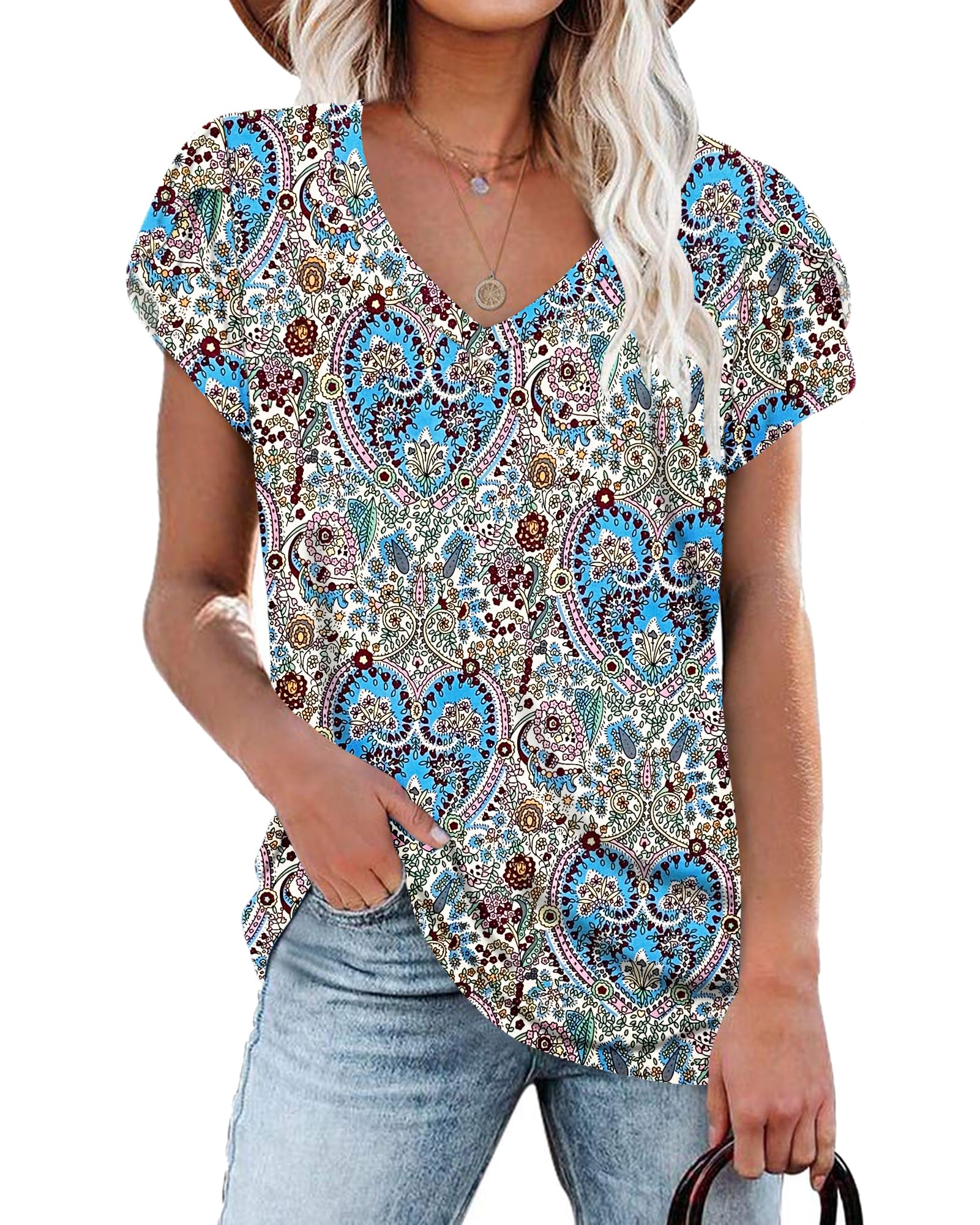 PLOKNRD Women's Casual V-Neck T-Shirt, Long Length, Petal Short Sleeve, Summer Classic Loose Tee, Pink, UK Size | Casual Ladies Beach Loose Tee Solid Color Boho Flower Leopard Print for Daily Outdoor Sports