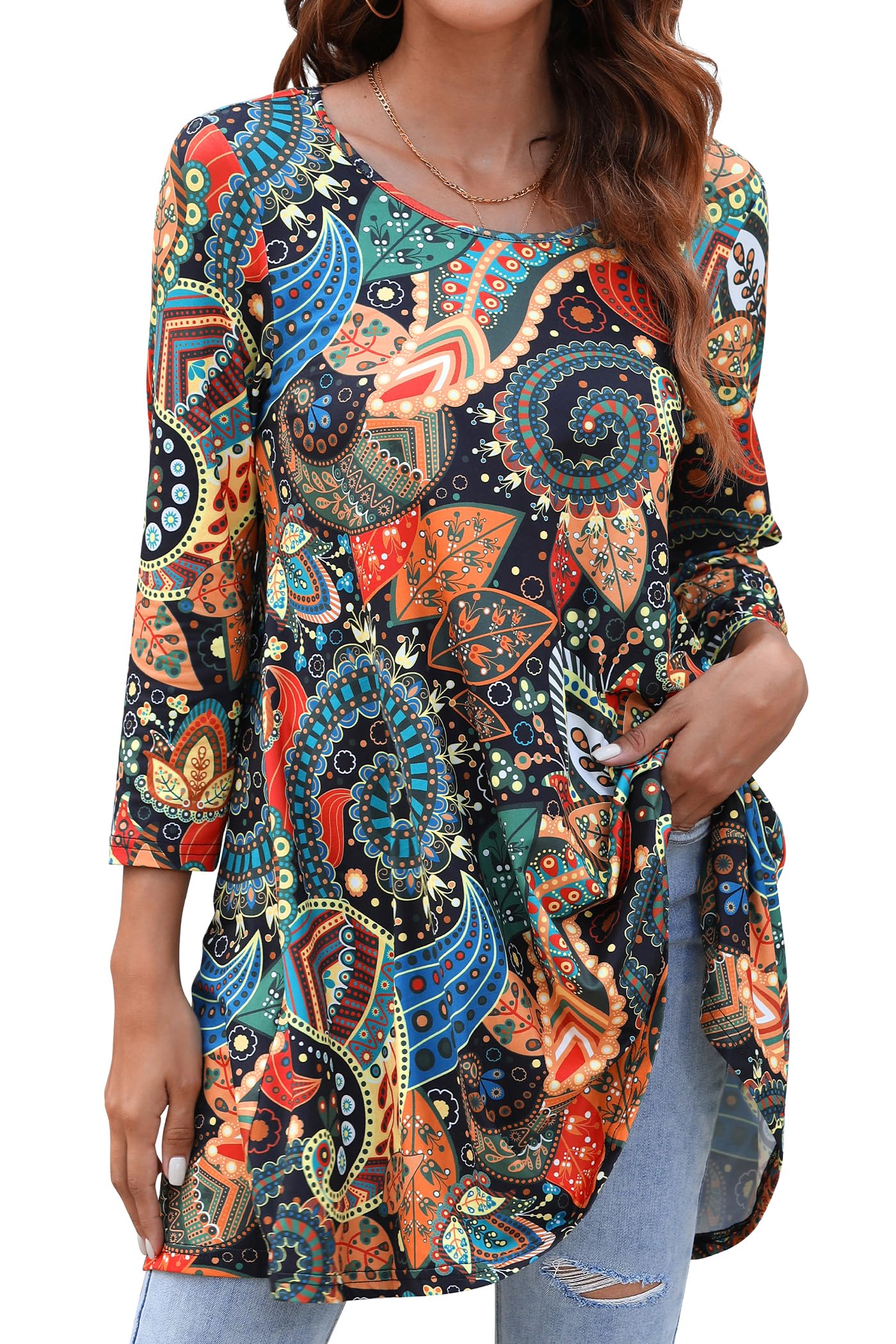 Enmain Womens Tunic Top 3/4 Long Sleeve Tunics for Women UK Plus Size Round Neck Longline Tops for Leggings Ladies Swing T Shirt Casual Loose Stretch Comfortable Blouses Shirts S-5XL