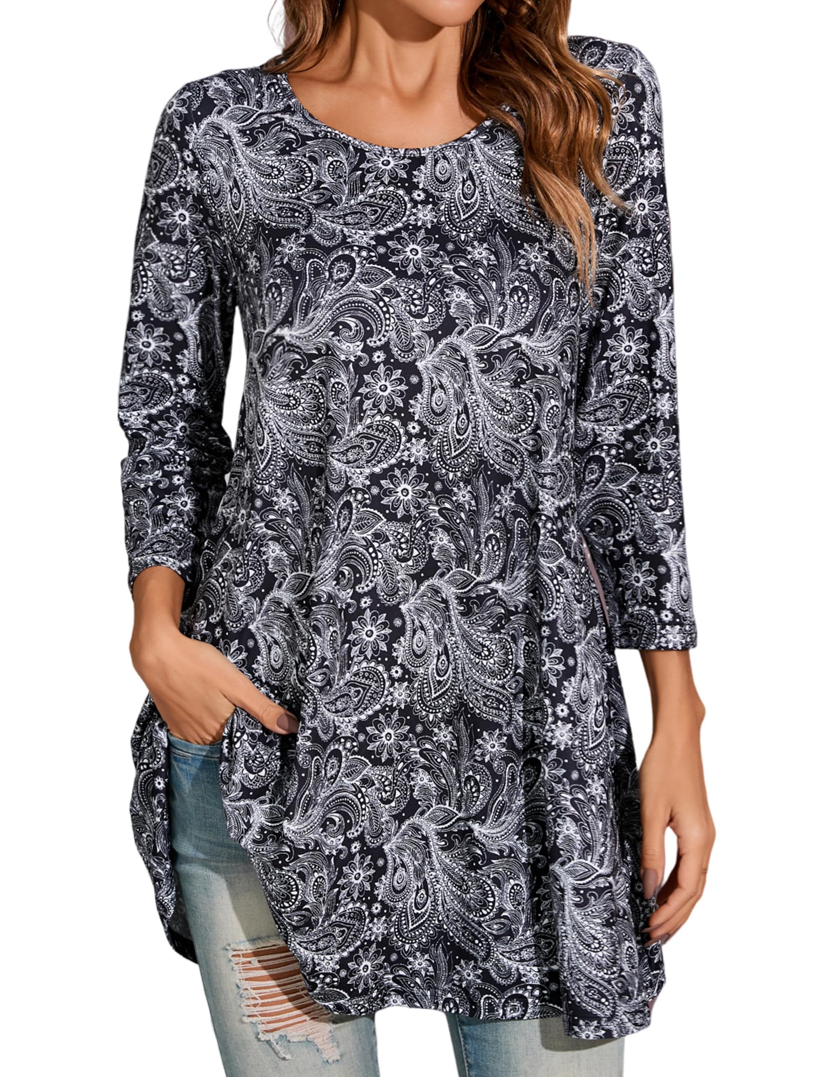 Enmain Womens Tunic Top 3/4 Long Sleeve Tunics for Women UK Plus Size Round Neck Longline Tops for Leggings Ladies Swing T Shirt Casual Loose Stretch Comfortable Blouses Shirts S-5XL