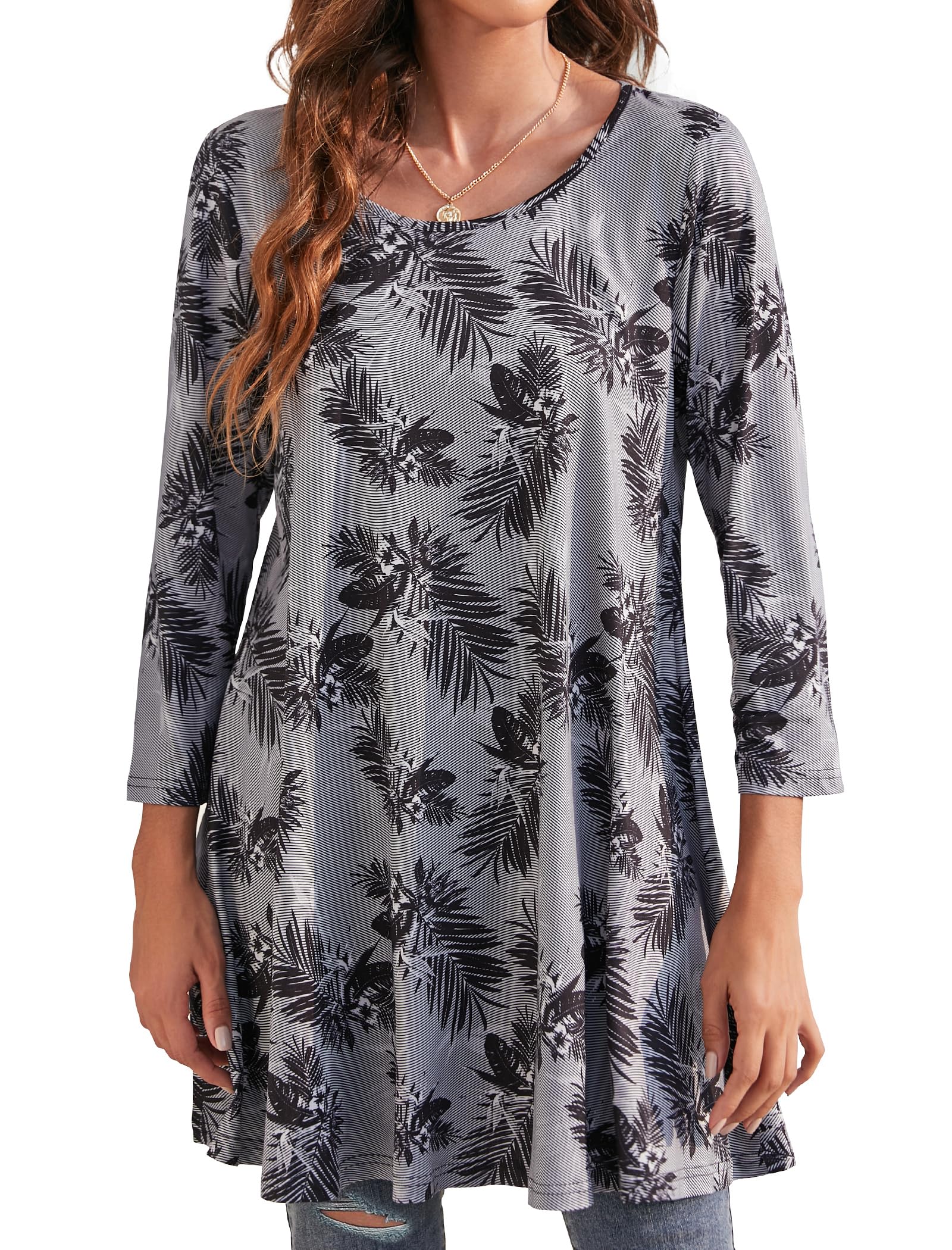 Enmain Womens Tunic Top 3/4 Long Sleeve Tunics for Women UK Plus Size Round Neck Longline Tops for Leggings Ladies Swing T Shirt Casual Loose Stretch Comfortable Blouses Shirts S-5XL