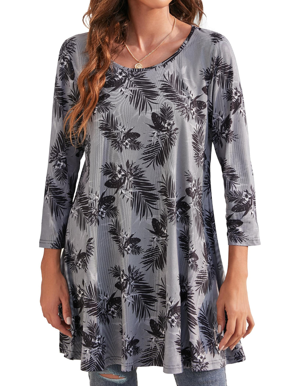 Enmain Womens Tunic Top 3/4 Long Sleeve Tunics for Women UK Plus Size Round Neck Longline Tops for Leggings Ladies Swing T Shirt Casual Loose Stretch Comfortable Blouses Shirts S-5XL