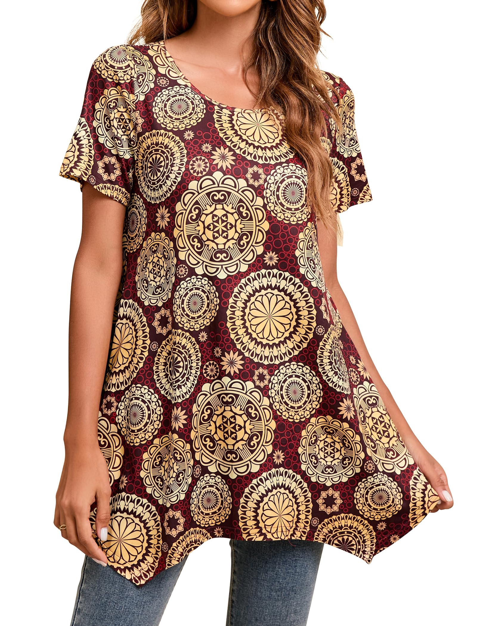 Enmain Womens Tunic Top 3/4 Long Sleeve Tunics for Women UK Plus Size Round Neck Longline Tops for Leggings Ladies Swing T Shirt Casual Loose Stretch Comfortable Blouses Shirts S-5XL